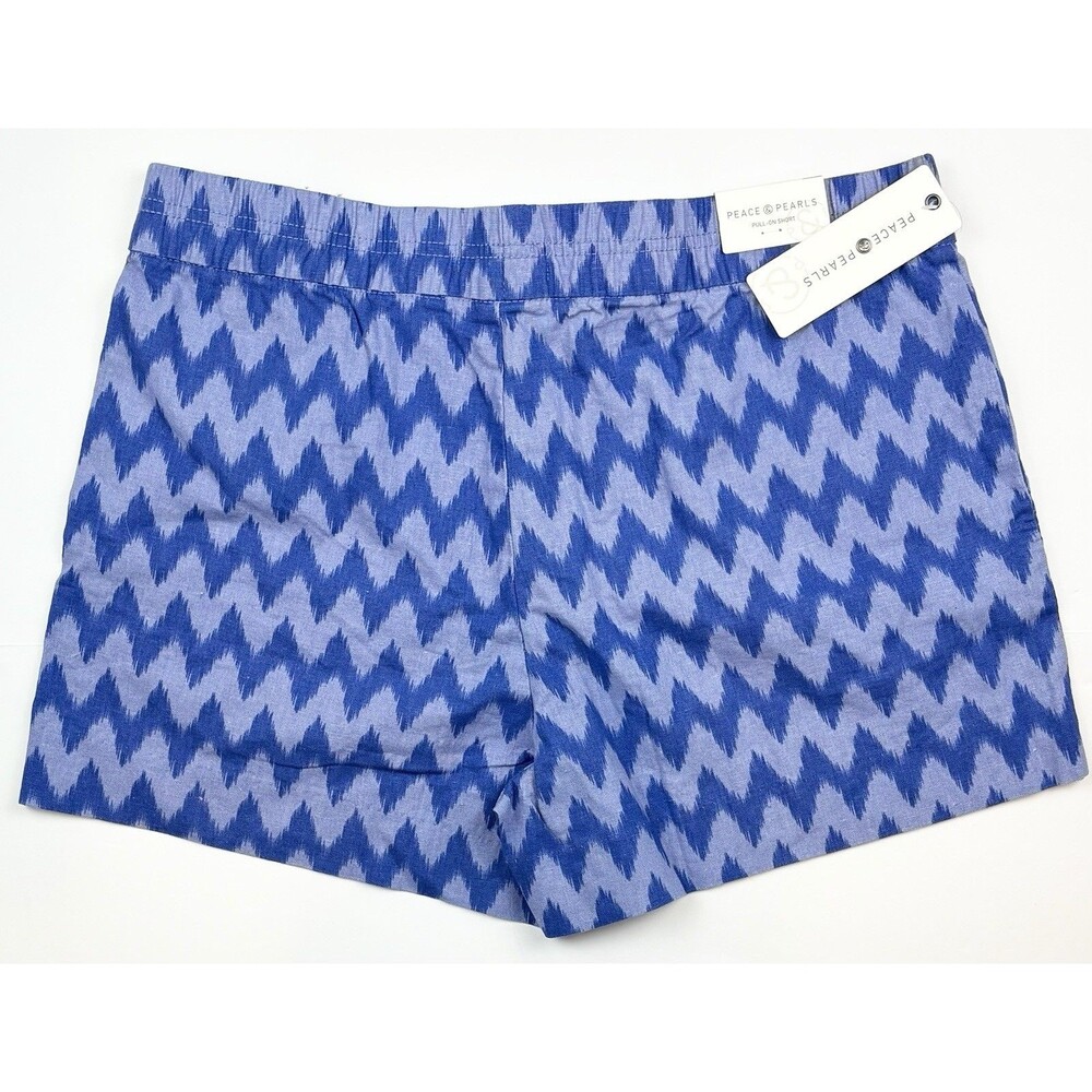 Peace & Pearls M Women's Shorts Blue Chevron Preppy Coastal Linen Pull-On NEW
